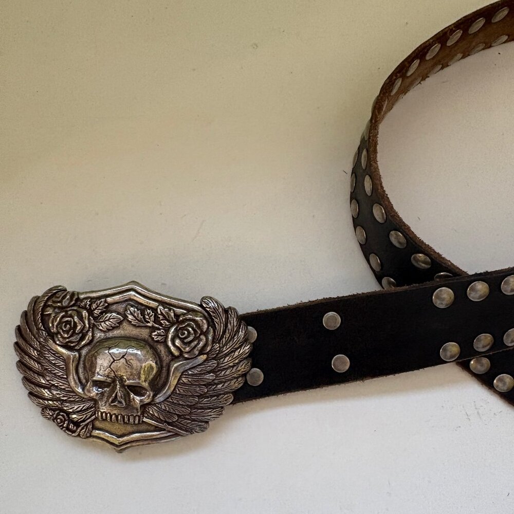 Leather Rock Biker Studded Belt with Skull Buckle